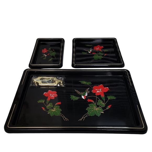 Vintage Japanese Nesting Trays Black Lacquerware 3pc Set Bird & Flowers - Picture 3 of 3